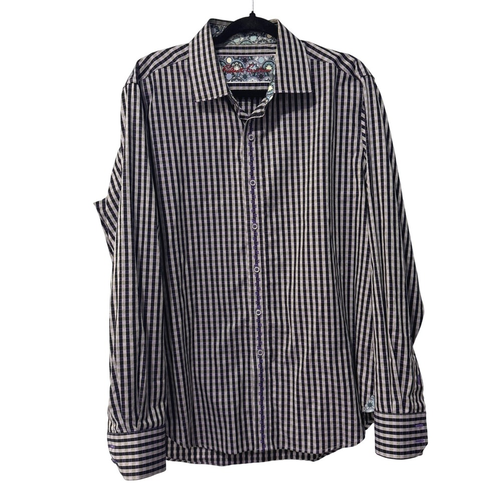 Robert Graham Mens‎ Large Classic Fit Purple Gingham Check Embroidered Shirt L